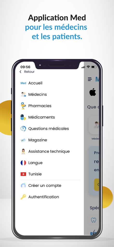 Med - Menú de navegación lateral de la aplicación móvil Med con opciones para médicos, farmacias y preguntas médicas