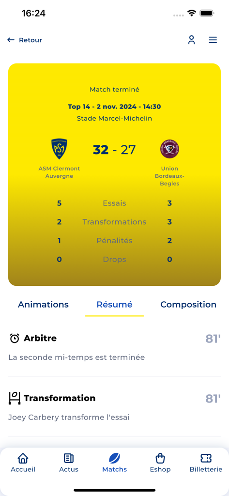 ASM Clermont Auvergne - Rugby match summary screen showing scores and stats on the ASM Clermont Auvergne app