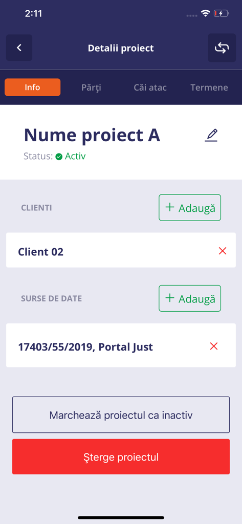 Project details screen in the Monitor Dosare app showing active status client information and linked court case data sources