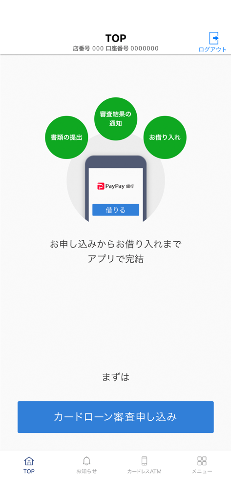 The top screen of the PayPay Bank Loan app highlighting the digital loan application process from document submission to borrowing.