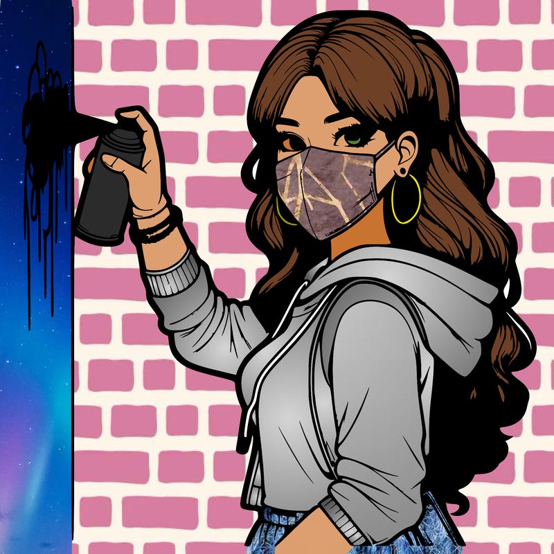 realistic girl with mask spray painting a wall