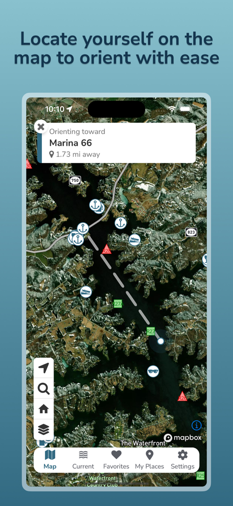 Float SML - Mapa satelital de la aplicación Float SML que muestra navegación de barcos y marcadores de marinas en Smith Mountain Lake.