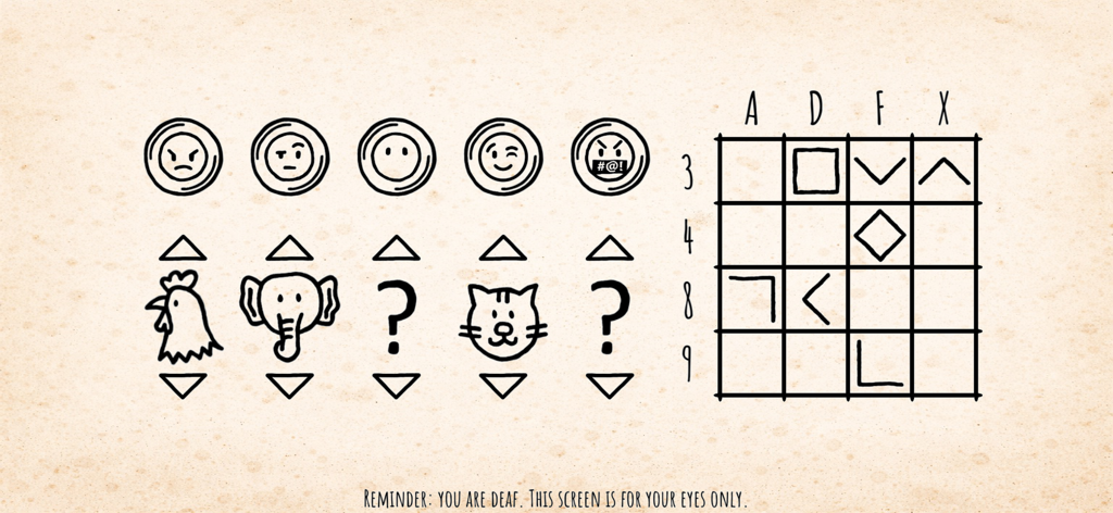 SenSense - Hand-drawn puzzle interface for the deaf player role featuring emoji expressions animal icons and a symbol grid