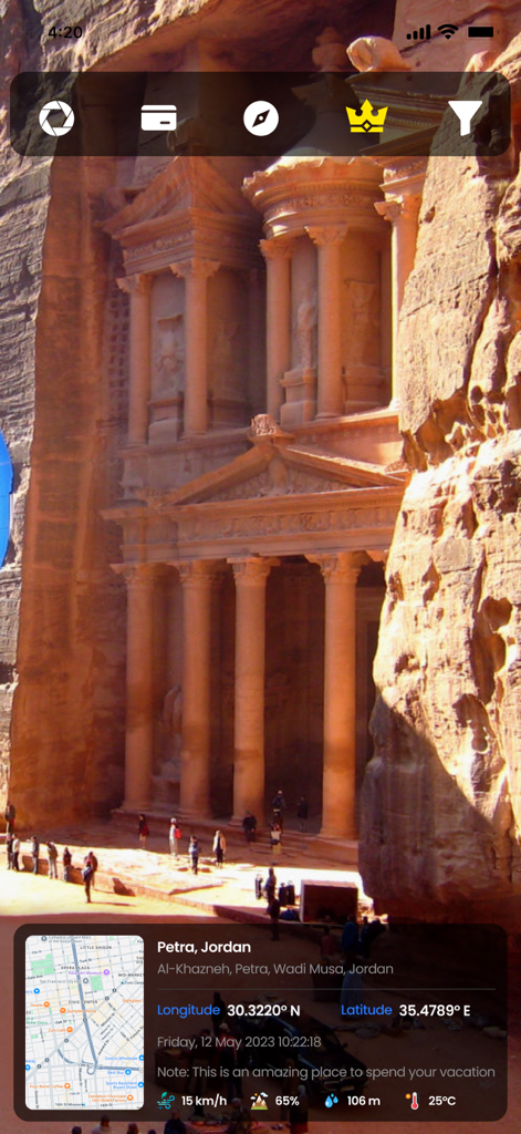 GPS Map Camera & Video Capture - A photo of Petra Jordan with a GPS metadata overlay showing coordinates map and weather information