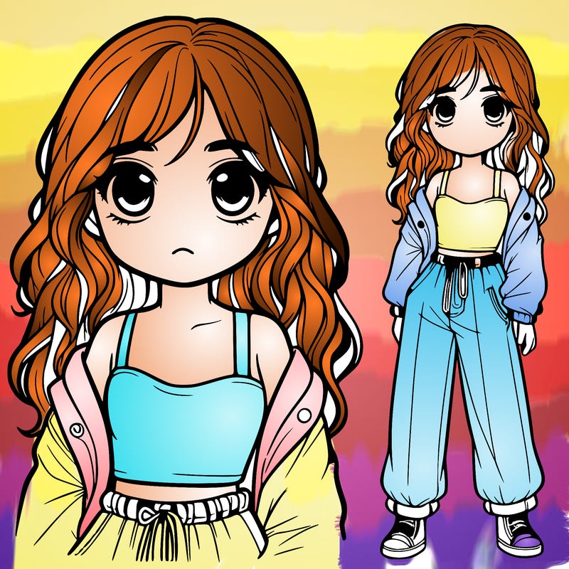 a realistic girl, with eyes, a small mouth, medium and wavy hair, baggy pants and a tank top