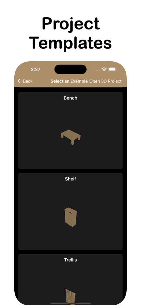 Plantillas de proyectos de carpintería para bancos y estanterías en la aplicación Lumbernatics