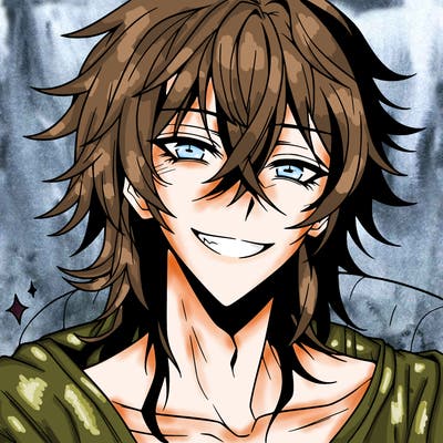 hot anime boy with long ish hair and a has a grin