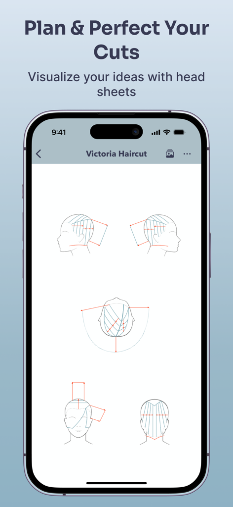 Hairtechapp - Cutting Diagrams - Diagrama técnico de corte de cabello en una ficha de cabeza dentro de la interfaz de Hairtechapp.