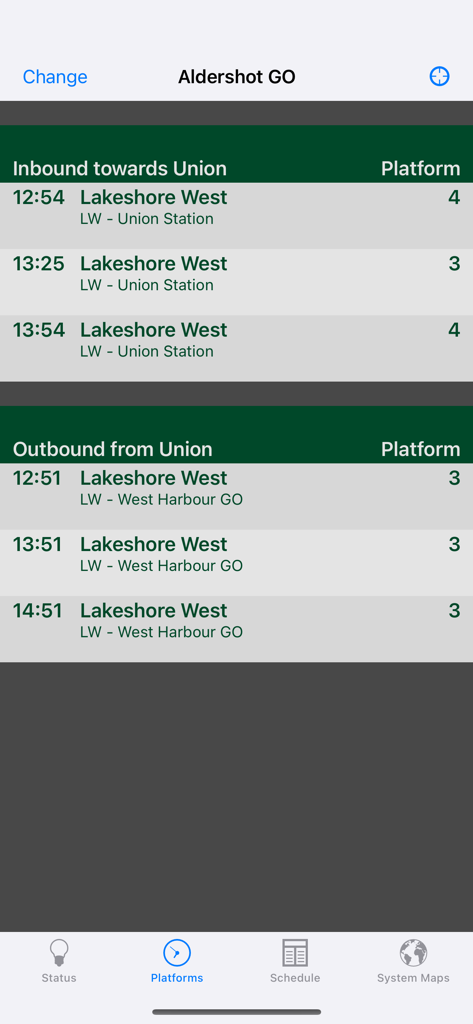 GOToronto: GO Transit Sidekick - Mobile screen showing train departure times and platform numbers for the Lakeshore West line at Aldershot GO station.