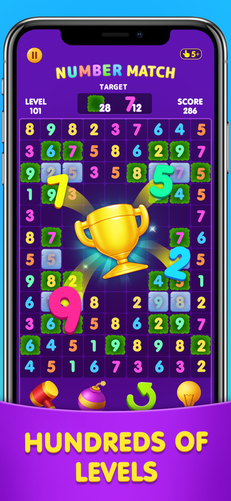 Number Match: Ten Crush Puzzle - Screenshot of Number Match Ten Crush Puzzle game showing a trophy and hundreds of levels