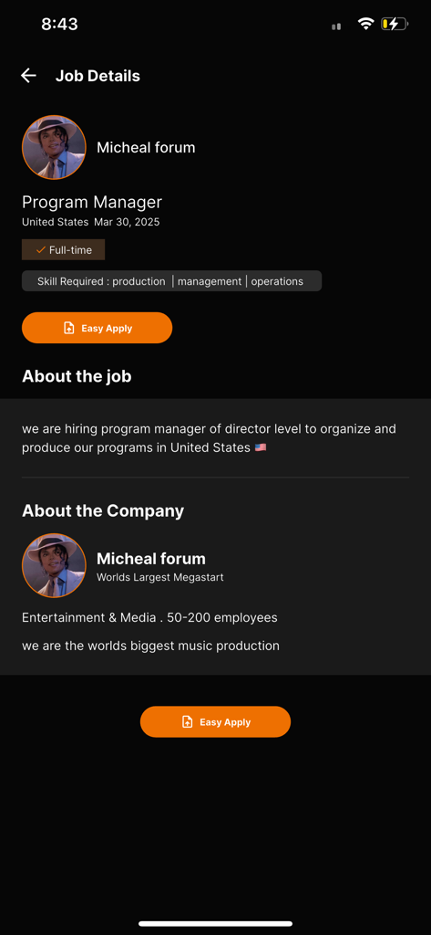 Chaser - The Network - A job details page in the Chaser app showing a Program Manager position with an Easy Apply button