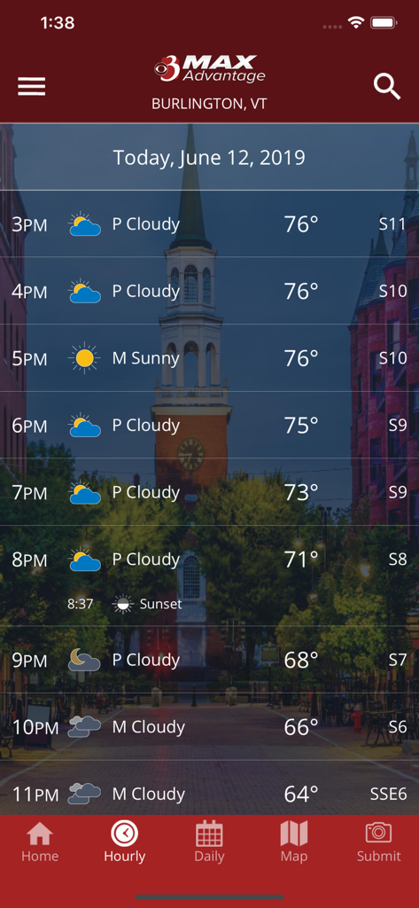 WCAX WEATHER - - WCAX Weather mobile app interface showing the hourly forecast for Burlington Vermont with temperature and sky conditions