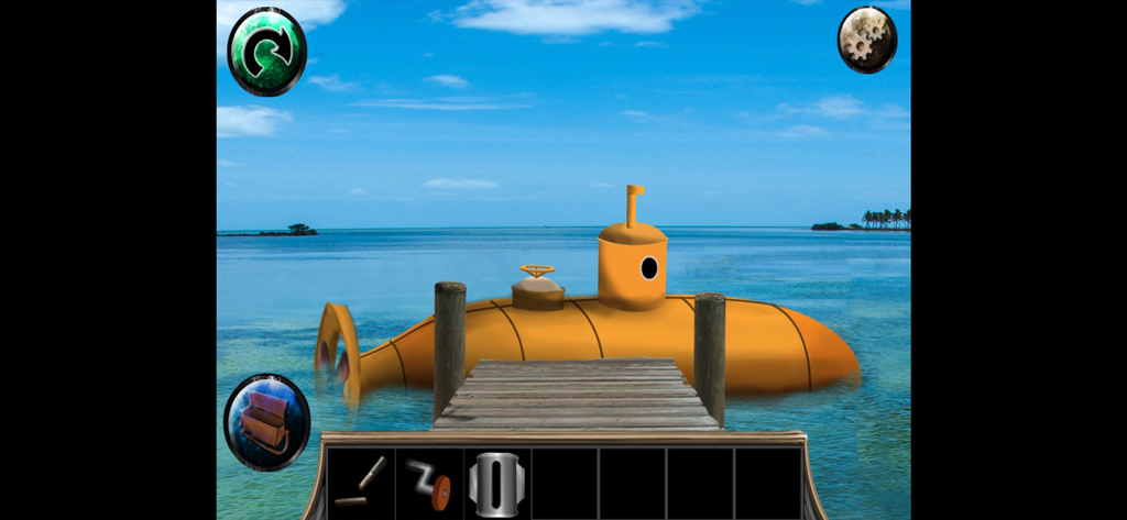 Davey's Mystery 2 - A yellow submarine docked at a wooden pier in a tropical ocean scene from Davey's Mystery 2 point and click adventure game.