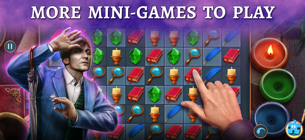 Magic City: Hidden Objects F2P - A detective character watches as a player solves a match three mini game featuring books candles and magnifying glasses