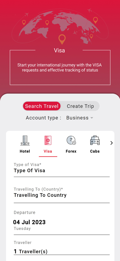 SOTC EVA - SOTC EVA App-Oberfläche zur Verwaltung von Visumanträgen für Geschäftsreisen