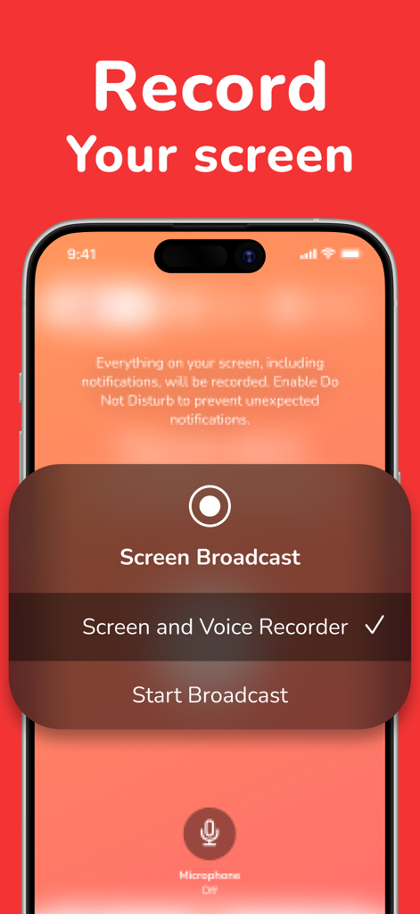 Pantalla de iPhone mostrando las opciones de transmisión de grabador de pantalla y voz