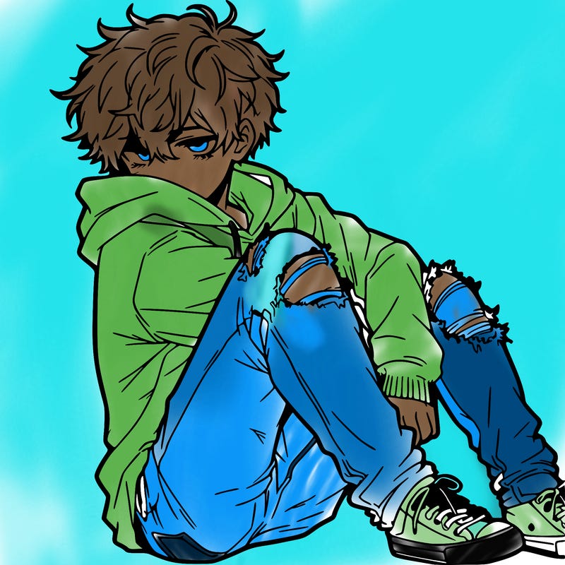 a male hoddie ripped jeans messy hair anime
