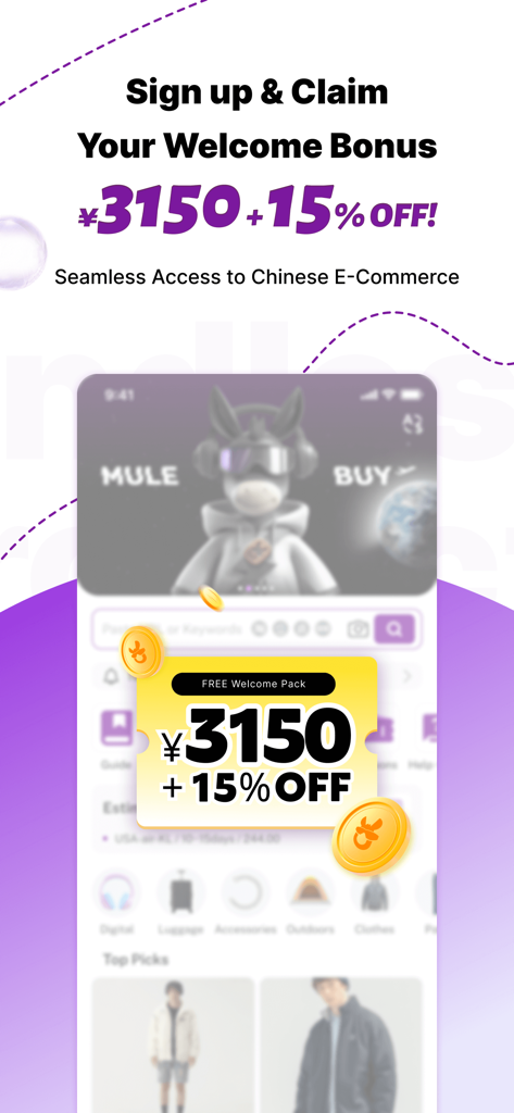Mulebuy app promotional screen showing a 3150 yuan plus 15 percent off welcome bonus for Chinese e-commerce shopping