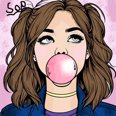 realististic girl blowing bubble -gum