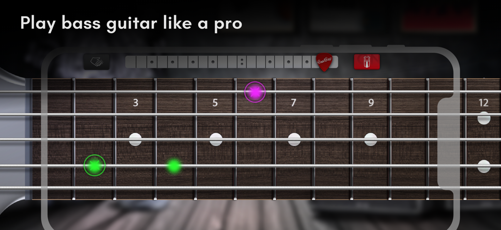 Real Bass electric bass guitar - A mobile phone screen displaying a virtual bass guitar fretboard with glowing note indicators for a music lesson