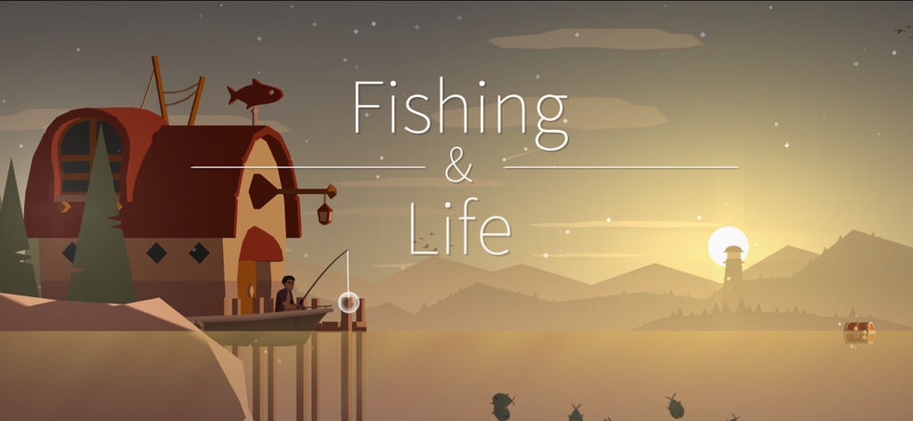 Eine friedliche Sonnenuntergangsszene im Mobile Game Fishing and Life mit einer Figur, die von einem Boot aus angelt.