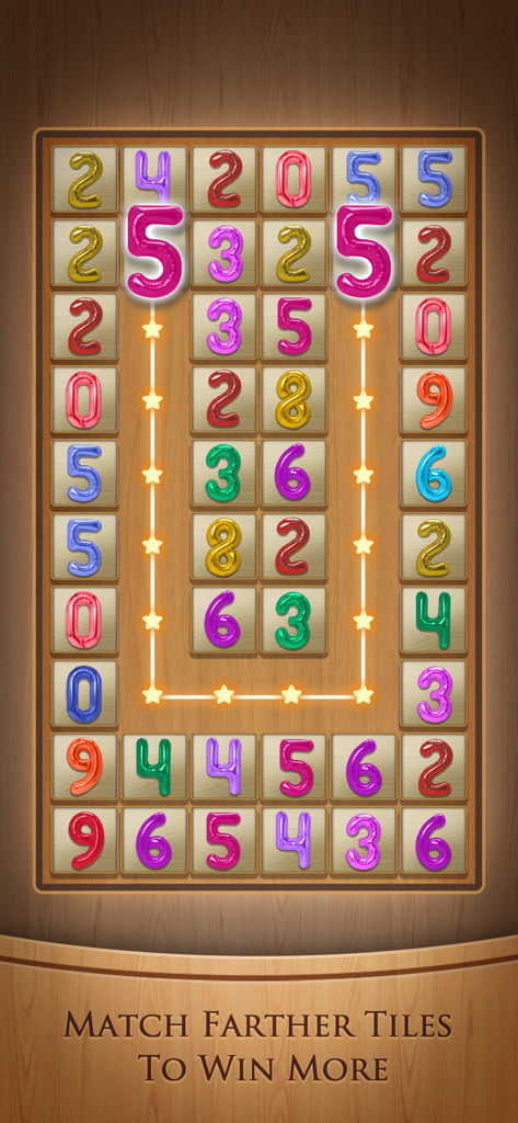 Tile Connect: Matching Games - 木製のボード上で光るパスで数字付きバルーンタイルがマッチングされているTile Connectのゲームプレイ。