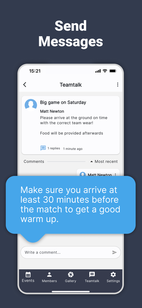 Teamer - Sports Team App - Teamer App-Nachrichtenoberfläche mit einem Team-Chat zur Planung von Sportveranstaltungen