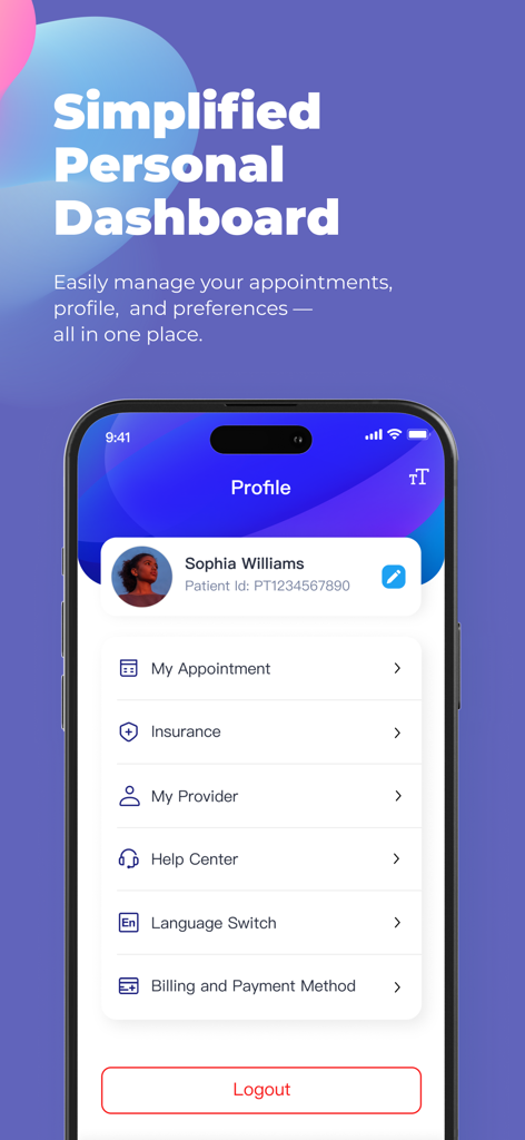 Una captura de pantalla del panel de la aplicación médica MyCare que muestra los detalles del perfil y los enlaces de gestión de la salud.
