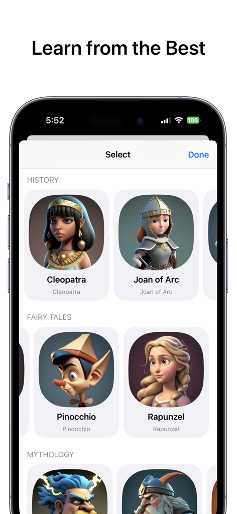 Une interface d'application mobile affichant des options de personnages IA, y compris des figures historiques comme Cléopâtre et Jeanne d'Arc, et des personnages de contes de fées comme Pinocchio et Cendrillon.