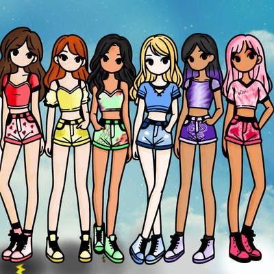 a group of girls wearing crop tops and shorts