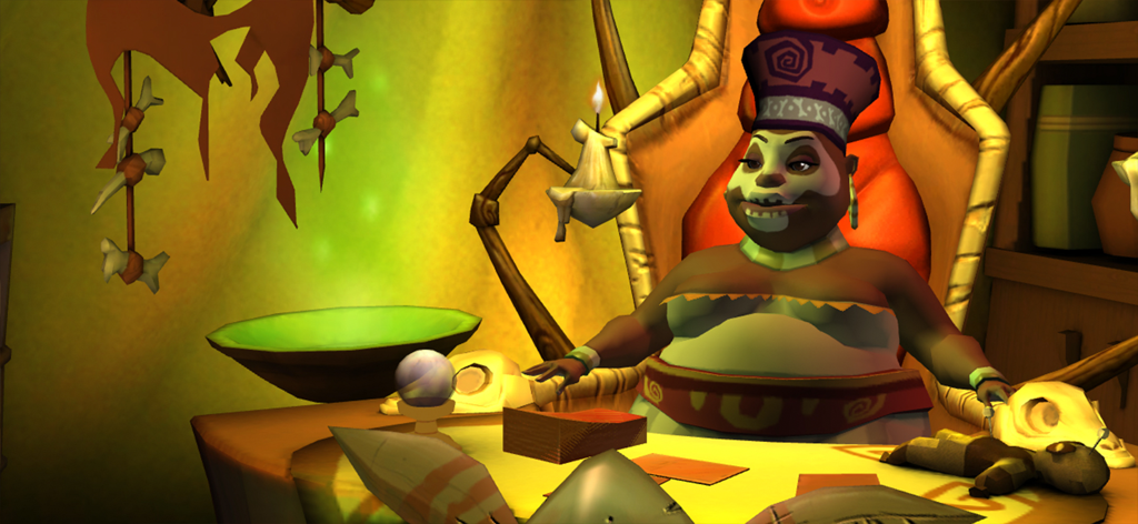 Tales of Monkey Island Ep 1 - El personaje de la Dama Vudú sentada en un escritorio místico con una muñeca vudú y una bola de cristal