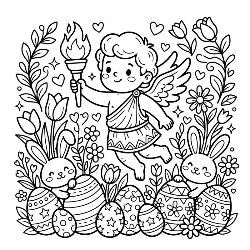 Dive into the festive spirit with this delightful coloring page featuring Cupid holding a torch amidst a vibrant Easter celebration. Adorned with cheerful bunnies, beautifully decorated eggs, and blooming spring flowers, this design offers a charming coloring experience for all ages.