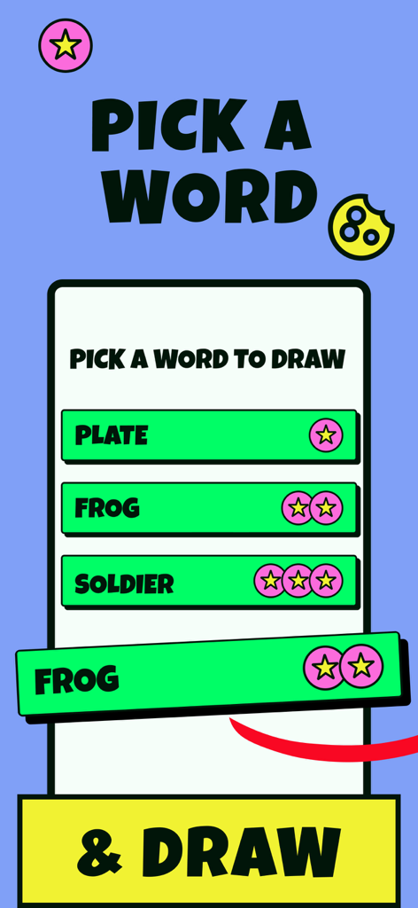 Una pantalla de juego móvil que muestra opciones de selección de palabras como plato y rana para un desafío de dibujo