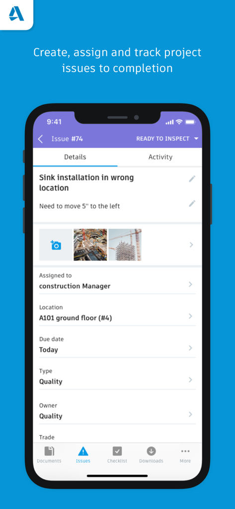BIM 360 - Autodesk BIM 360 mobile app interface for tracking and assigning construction project issues