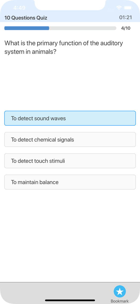 Uma tela de quiz de múltipla escolha no aplicativo Veterinary Anatomy Quiz Master mostrando uma pergunta sobre o sistema auditivo animal.