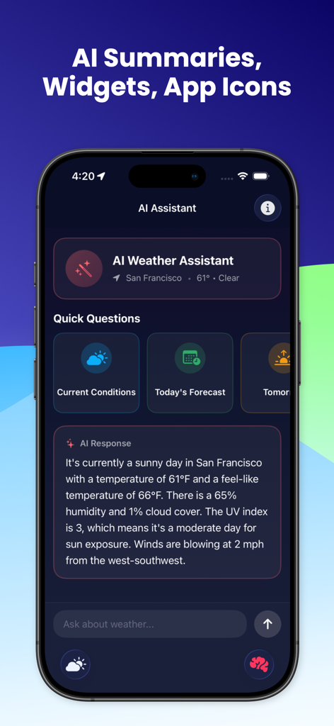 MetaWeather app interface showing the AI Assistant providing a detailed daily weather summary for San Francisco