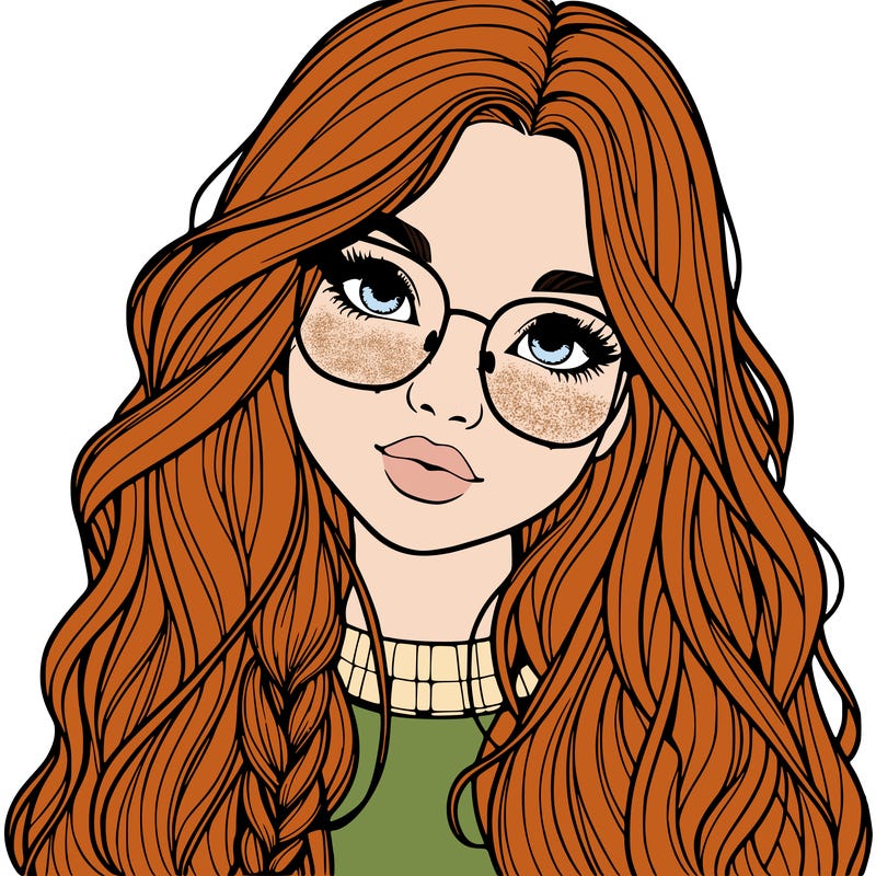 girl with long hair and freckles and glasses realistic