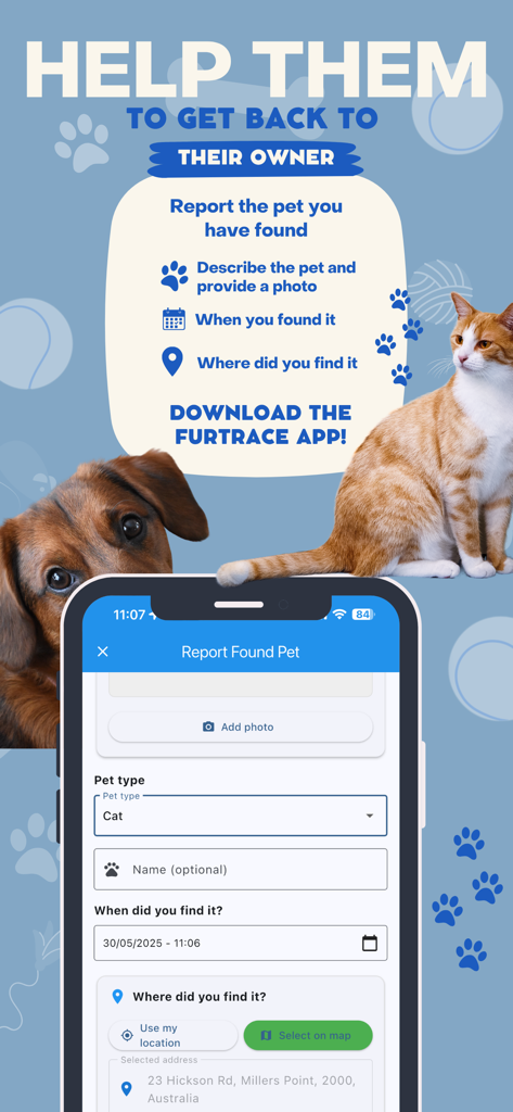Furtrace - Furtrace mobile app interface for reporting a found pet including photo and location details