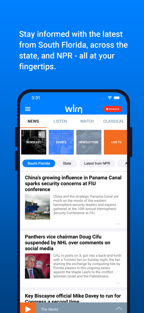 WLRN Public Media - A smartphone displaying the WLRN Public Media app news section with headlines about South Florida and NPR.