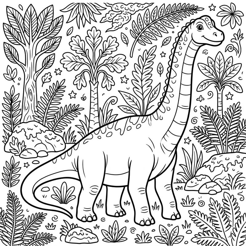 Bring a majestic Giraffatitan to life with your favorite colors! This engaging coloring page is perfect for young dinosaur enthusiasts, featuring a friendly long-necked giant surrounded by a vibrant prehistoric landscape.
