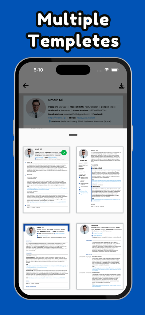 Una interfaz de aplicación móvil que muestra múltiples plantillas de CV europeas profesionales para elegir