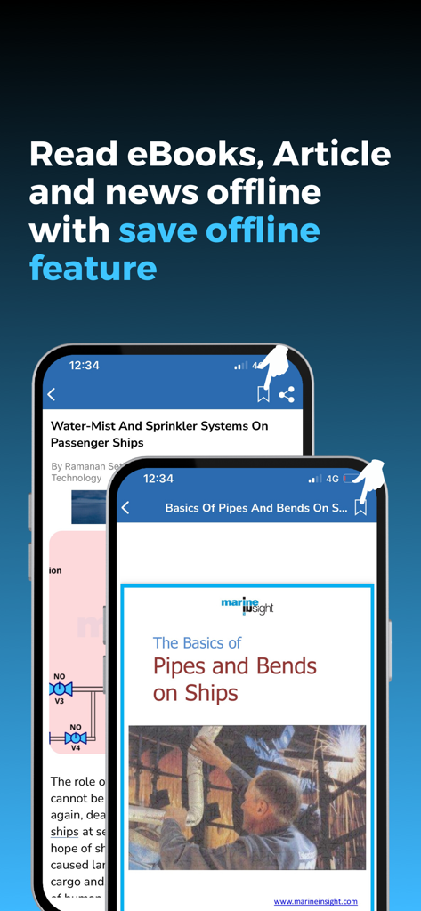 Screenshots of the Marine Insight app displaying technical maritime ebooks and the save offline feature for articles