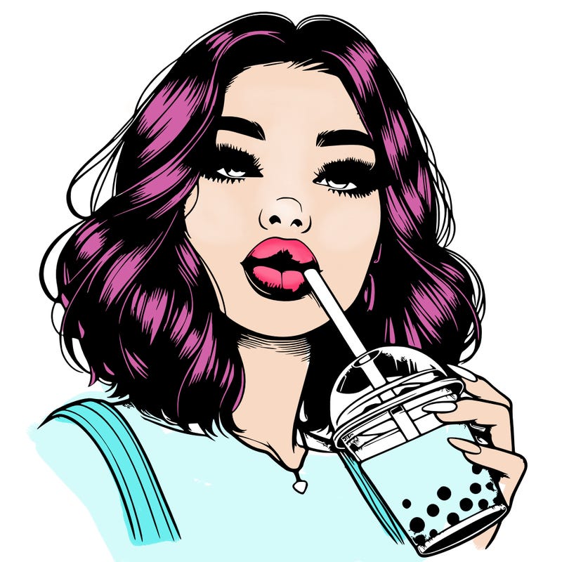 realistic girl with glossy lips holding boba