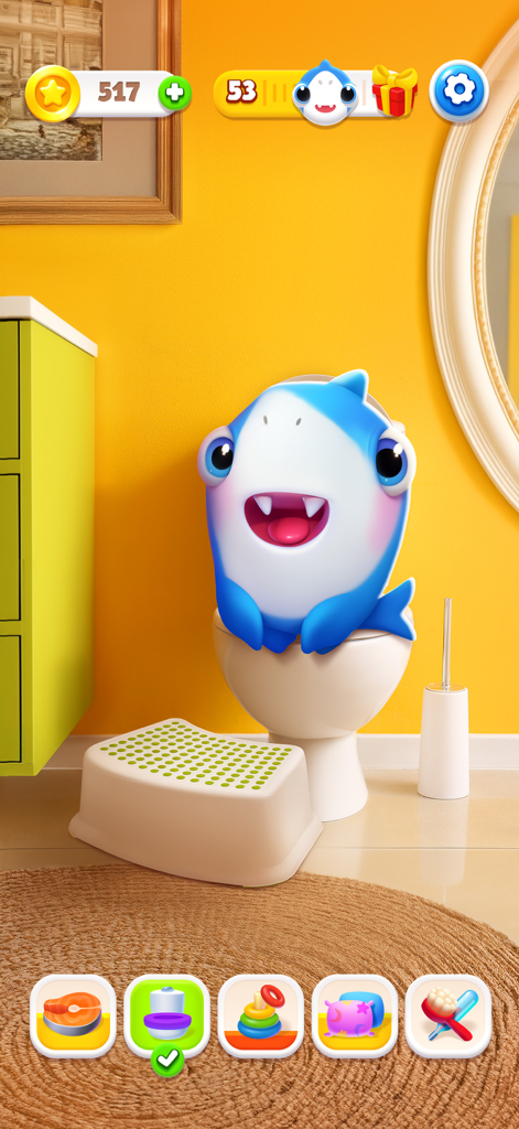 A cute blue virtual shark sitting on a toilet in a bright yellow bathroom game scene