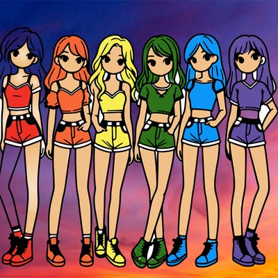 a group of girls wearing crop tops and shorts