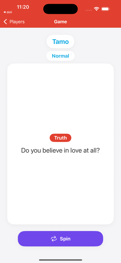 Truth or Dare Play Online - Interface de l'application mobile Vérité ou Conséquence affichant une carte de question de vérité en mode normal.