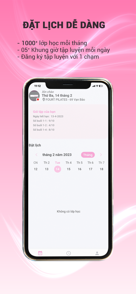 FourT Pilates - FourT Pilates mobile App-Bildschirm mit einem Trainingskalender und einfachen Optionen zur Kursbuchung.