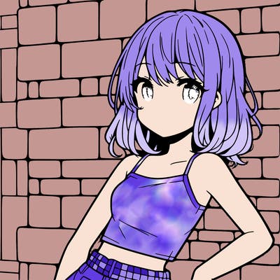 pretty anime girl with crop top pressing against brick wall