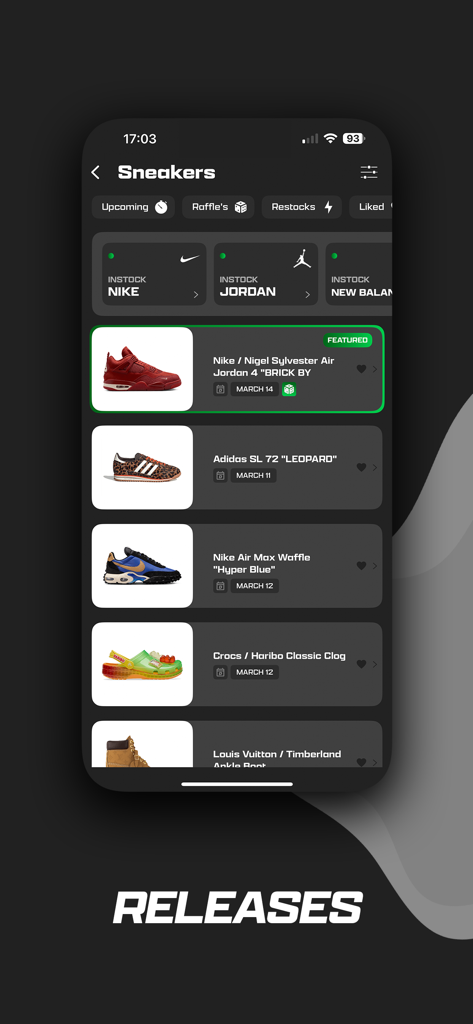 Droplist Mobile App-Oberfläche mit einer Liste bevorstehender Sneaker-Releases und Raffle-Daten