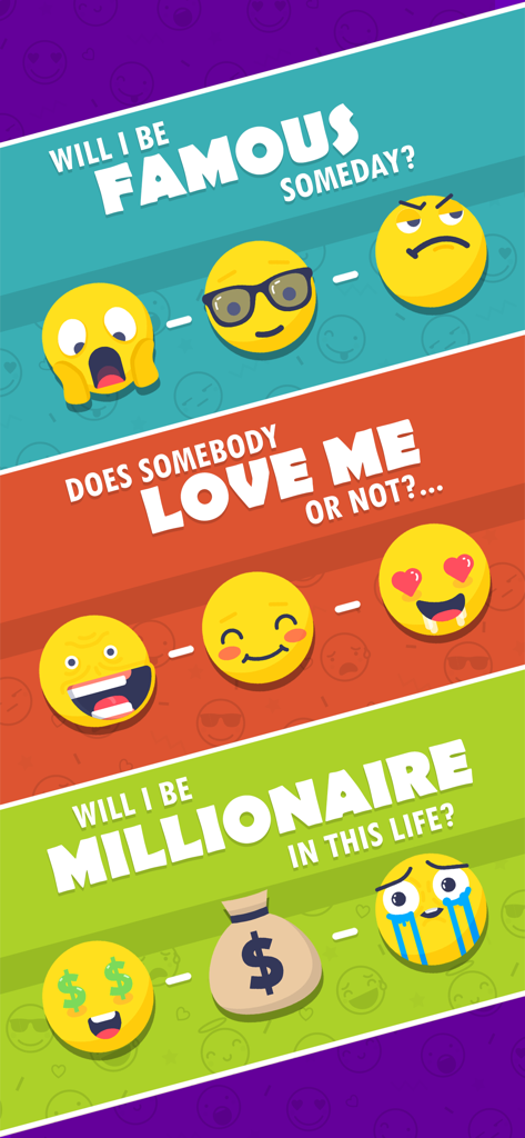 Ask Emoji: Spin the Fortune - Three colorful panels showing questions about fame love and wealth with various expressive emojis